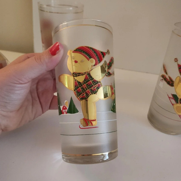 Vintage Frosted Culver 22kt Gold Holiday Yule Bear Shammed Highballs x 4 - Picture 6 of 12